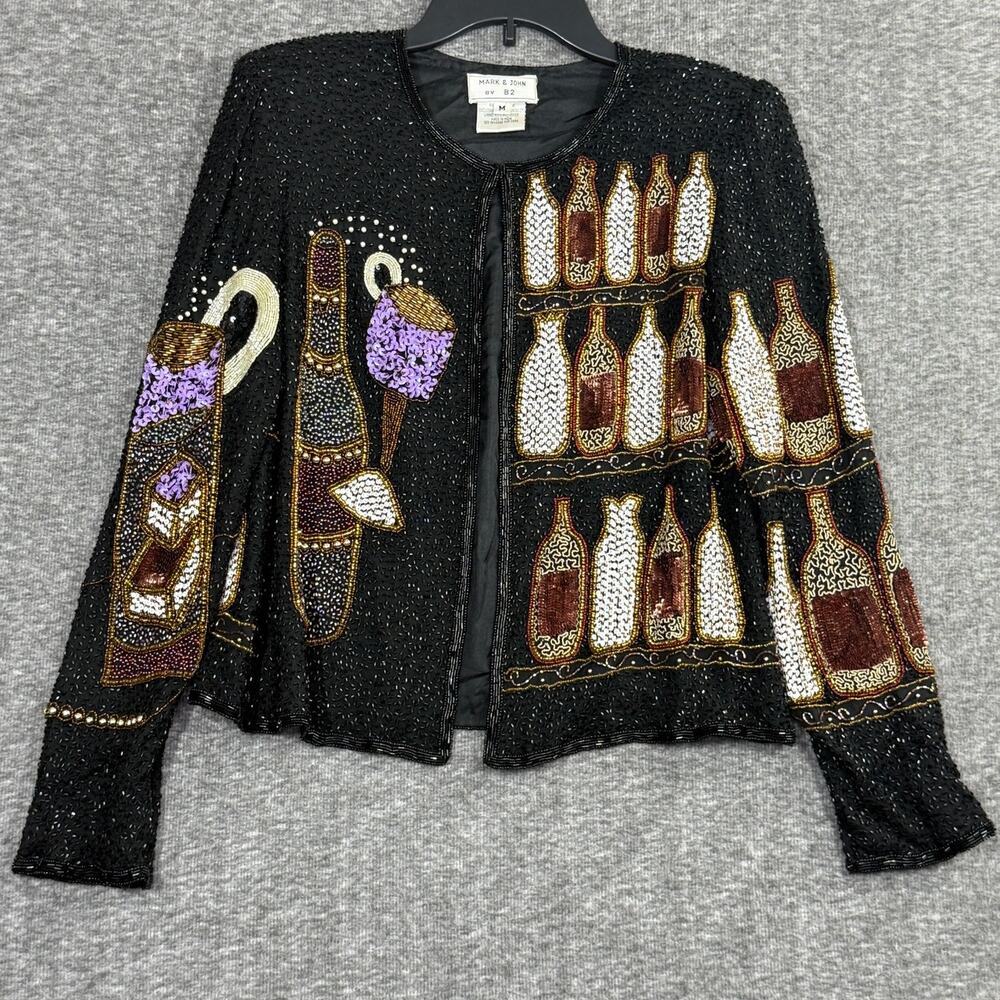 Mark John Gopal Beaded Sequin SILK Jacket Black Italian Wine Bottle Size Medium